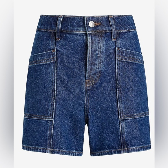 Express Denim Mid Rise Patch Pocket Midi Jean Shorts - Picture 1 of 9